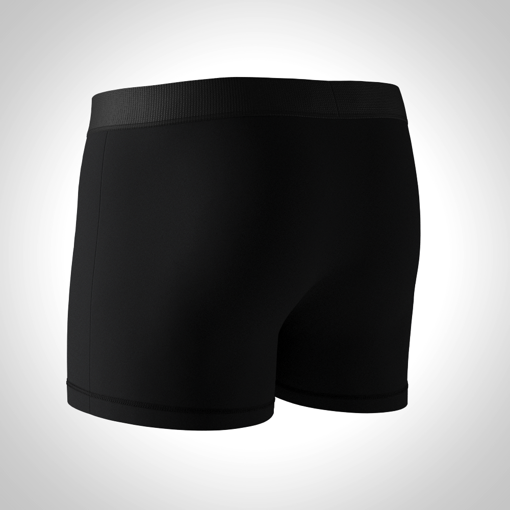 Black boxer briefs on a light gray background. birdcage mens underwear soft modal cotton with top fly
