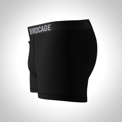 Black underwear with 'BIRDCAGE' waistband on a light gray background. birdcage mens underwear soft modal cotton with top fly